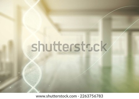 Virtual DNA symbol illustration on empty corporate office background. Genome research concept. Multiexposure