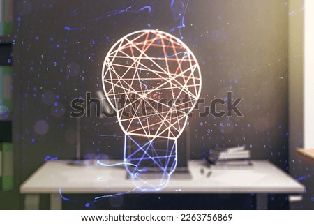 Creative idea concept with light bulb illustration and modern desktop with computer on background. Multiexposure