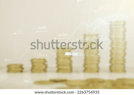 Multi exposure of abstract statistics data hologram interface on growing coins stacks background, computing and analytics concept
