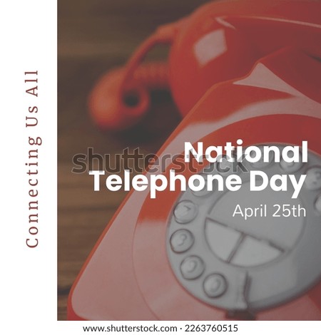 Composition of national telephone day text over retro red phone. National telephone day and communication concept digitally generated image.