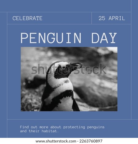 Composition of world penguin day text over penguin. World penguin day, wildlife and nature concept digitally generated image.