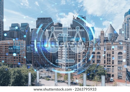 Financial downtown city view panorama of Boston from Harbor area at day time, Massachusetts. Glowing hologram legal icons. The concept of law, order, regulations and digital justice. Royalty-Free Stock Photo #2263795933