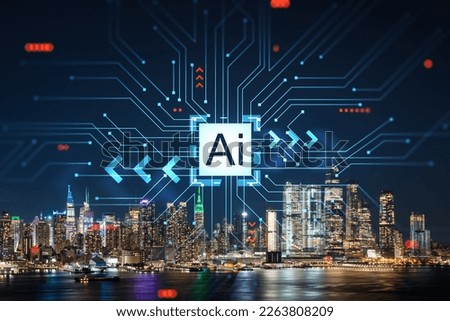 New York City skyline from New Jersey over the Hudson River with Hudson Yards at night. Manhattan, Midtown. Artificial Intelligence concept, hologram. AI, machine learning, neural network, robotics