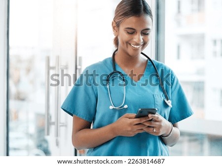 Contact, social media and doctor with a phone for communication, email and schedule. Internet, reading and woman nurse typing on a mobile for an app chat, healthcare research and conversation Royalty-Free Stock Photo #2263814687