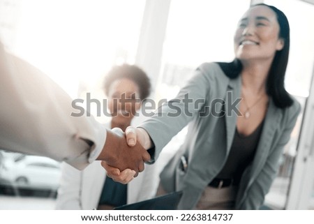Healthcare, onboarding and handshake, doctors at job interview, meeting with HR recruitment agent. Diversity, human resources and hiring, asian woman shaking hands with doctor in welcome or thank you Royalty-Free Stock Photo #2263814737