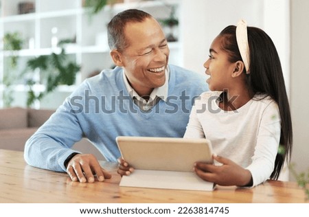 Family, grandpa and child with tablet, happy with technology, communication and app with quality time together. Love, care and talking with man and girl, happiness and bonding, online with wifi