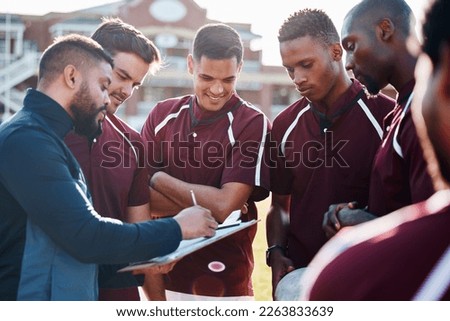 Rugby team, people and coaching for field strategy, checklist and training progress, teamwork and planning game. Leadership man talking to sports men or athlete group for workout or competition goals Royalty-Free Stock Photo #2263833639