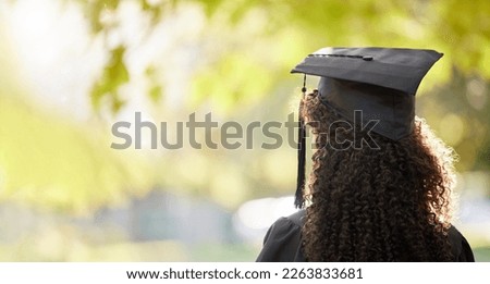 Graduation cap, mockup and black woman thinking future, education and college achievement. University graduate, student or person think goals, success and education or future as motivation outdoor Royalty-Free Stock Photo #2263833681
