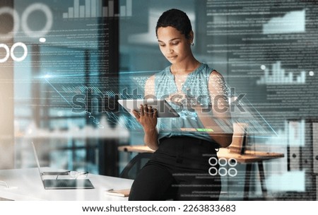 Black woman with tablet, erp overlay and charts, innovation in research and programming for future app technology. Futuristic network, analytics and developer for startup business website IT software