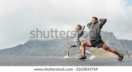 Exercise, mockup and couple workout and stretch together outdoors in nature by a mountain for health, wellness and fitness. People, partners and athletes training and keeping fit and heathy Royalty-Free Stock Photo #2263833769