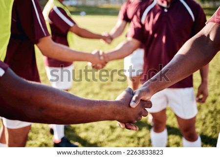 Man, sports and handshake for team introduction, greeting or sportsmanship on the grass field outdoors. Sport men shaking hands before match or game for competition, training or workout exercise Royalty-Free Stock Photo #2263833823