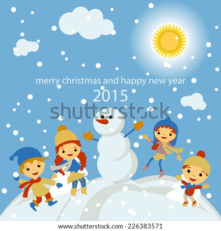 Happy kids playing with snow. Can be used for retro christmas card. Vector illustration.