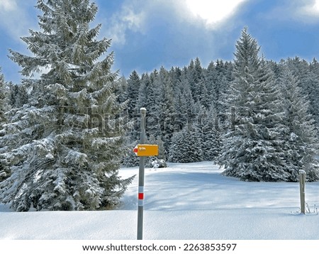 Hiking markings and orientation signs with signposts for navigating in the idyllic winter ambience above the tourist resorts of Valbella and Lenzerheide in the Swiss Alps - Canton of Grisons