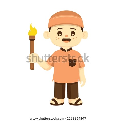 Cute Cartoon Character Muslim Boy Holding Torch