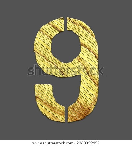 Digit 9. Alphabet made of letters, made of wood. Isolated on gray background. Education. Design element.