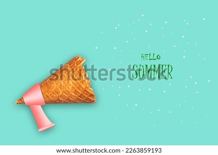 Ice cream cone, megaphone, and the words Hello summer. Pastel green background. The concept of the beginning of summer. Abstraction. Background