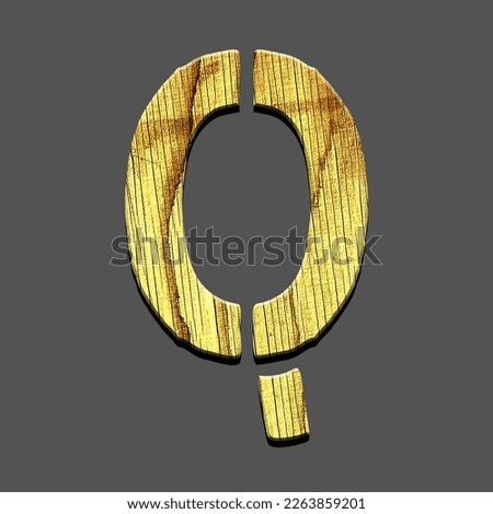 Letter Q. Alphabet made of letters, made of wood. Isolated on grey background. Education. Design element.