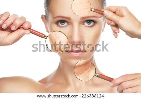 beauty concept skin aging. anti-aging procedures, rejuvenation, lifting, tightening of facial skin, restoration of youthful skin anti-wrinkle Royalty-Free Stock Photo #226386124