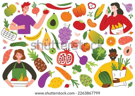 People eating, selling and buying fruit and vegetable, hand drawn collection of organic healthy food, doodle icons of avocado, mango, bell pepper, vector illustrations of men and women with vegetables