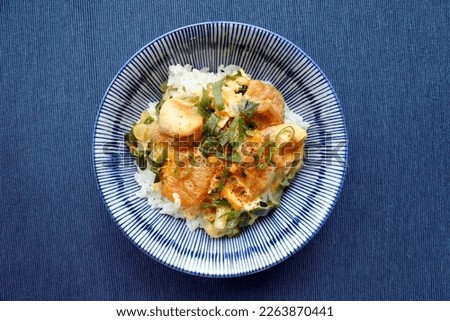 Aburafu Don, a local dish in Tome City, northern Miyagi and southern Iwate in Japan. Japanese rice bowl with spring onion, egg and  Abura-fu ( or Sendai Fu, a deep fried fu ( wheat gluten cake) ) Royalty-Free Stock Photo #2263870441