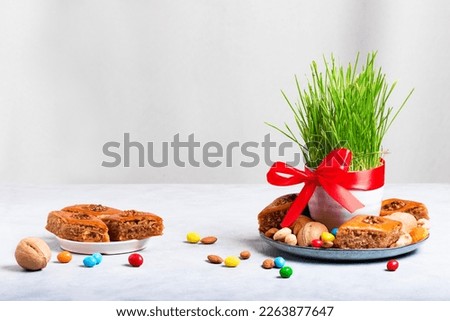 Novruz setting table decoration, wheat grass, baklava pastry and nuts. Nowruz arabic holiday, new year spring celebration, copy space.