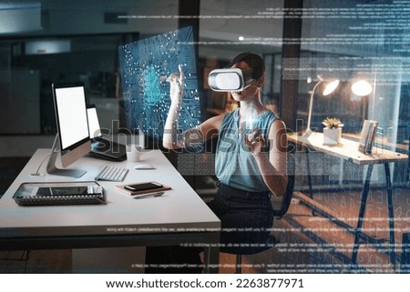 Woman, night and 3d vr headset with hologram network, web design and planning for global cybersecurity. Developer, augmented reality in metaverse for cloud computing or coding at office with ui