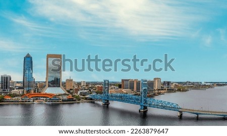 Panoramic aerial view of Jacksonville skyline from drone at sunset, Florida - USA