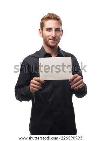 ginger young man with shirt with placard