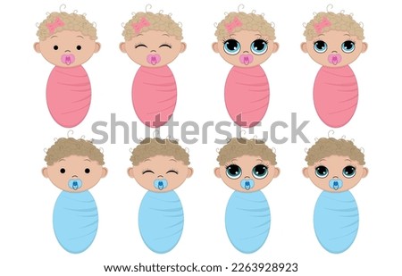 Set of newborn girls and boys in cartoon style.