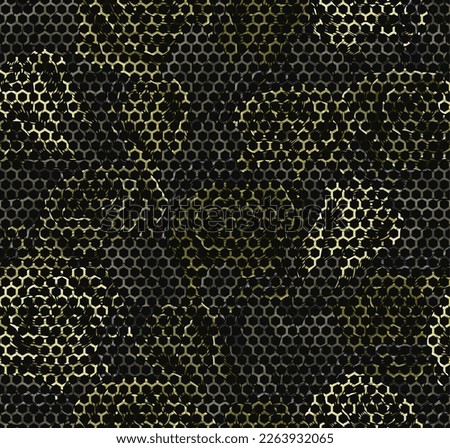Camouflage khaki hexagonal pattern with blooming green roses. Hexagonal net pattern. Good for female apparel, fabric, textile, sport goods. Royalty-Free Stock Photo #2263932065