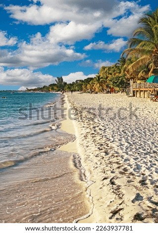 Beautiful tropical relaxing caribbean white sand paradise beach, green trees - Negril, Jamaica, Seven Mile Beach Royalty-Free Stock Photo #2263937781