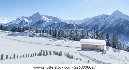 Panorama of a winter landscape with a ski hut in Austria