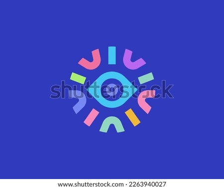 Eye logo design. Optics logotype in a frame from colored shapes. Universal vision camera seach vector sign. Vector illustration. Royalty-Free Stock Photo #2263940027