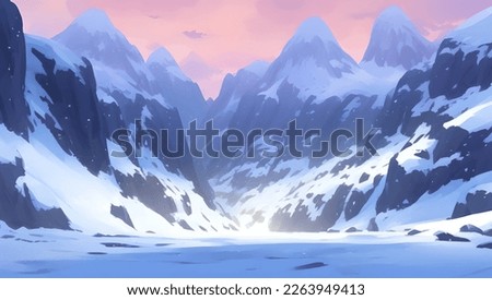 Snowy Mountains and Hill Scenery During The Dawn or Dusk Detailed Hand Drawn Painting Illustration