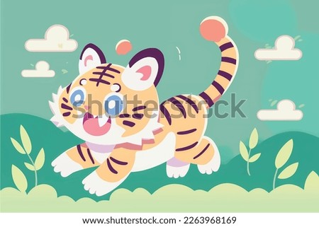 The illustration depicts a majestic tiger standing in a lush forest. The tiger is depicted with bold lines and vibrant orange fur with black stripes. Its piercing eyes stare directly at the viewer, Royalty-Free Stock Photo #2263968169