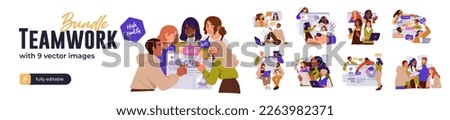 Business Teamwork illustrations. Mega set. Collection of scenes with men and women taking part in business activities. Trendy style