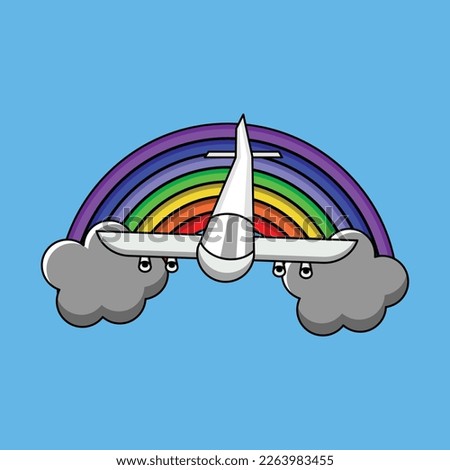 Airplane illustration with colorful rainbow in the background. Illustration of an airplane flying in front of a rainbow
