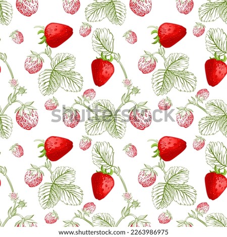 Seamless pattern with flowers and berries of strawberry on white background.  Template for kitchen design, packaging for food, paper, textiles.