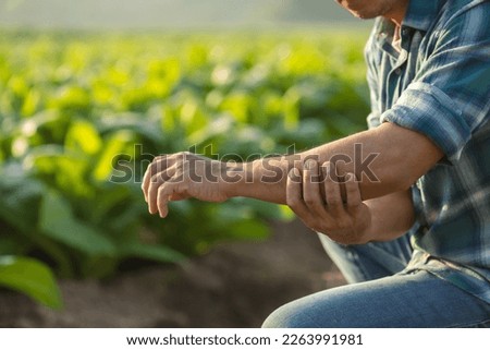 Injuries or Illnesses that can happen to farmers while working. Man is using his hand to cover over arm because of hurt,  pain or feeling ill. Health of agriculturist concept.