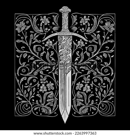 Elegant sword floral ornament line art drawing, featuring intricate details that blend the strength of a sword with the beauty of floral elements Royalty-Free Stock Photo #2263997363