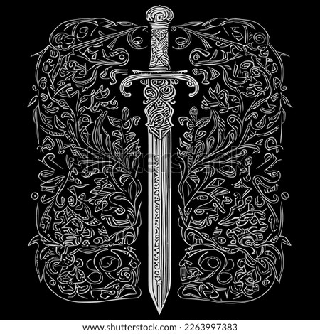 Elegant sword floral ornament line art drawing, featuring intricate details that blend the strength of a sword with the beauty of floral elements Royalty-Free Stock Photo #2263997383