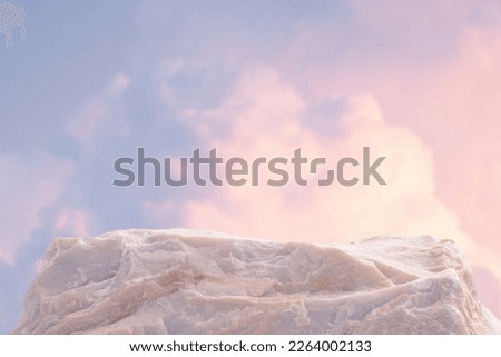 Surreal stone podium table top with outdoor soft pink blue sky pastel cloudscape at sunrise nature background.Beauty cosmetic product placement pedestal display,summer paradise dreamy concept.