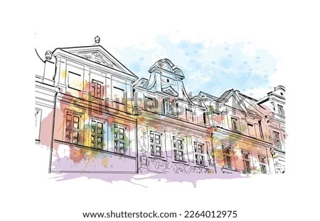 Building view with landmark of Poznan is the
city in Poland.Watercolor splash with hand drawn sketch illustration in vector.