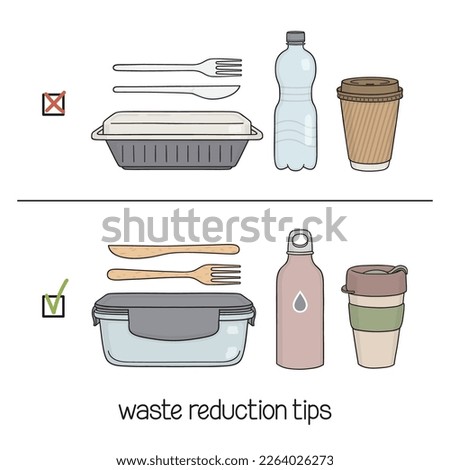 Waste reduction tips. Choice of reusable items for lunch instead of disposable ones. No single-use plastic, Eco-friendly living, Zero waste lifestyle concept Royalty-Free Stock Photo #2264026273