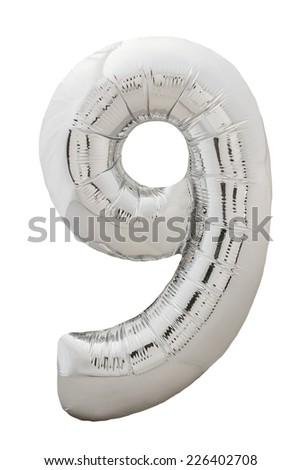 Number nine silver balloon photo isolated on a white background