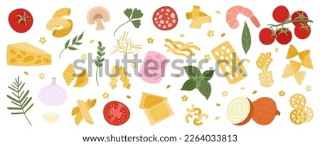 Italian pasta ingredients, mediterranean spaghetti cooking. Italy food doodles, fresh shrimps, tomatoes, cheese. Healthy cuisine decent vector set Royalty-Free Stock Photo #2264033813