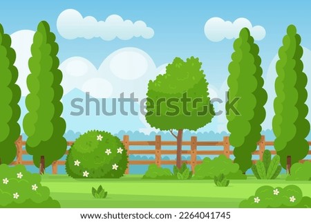 Garden hedge landscape. Empty fenced backyard, country jardin park with wooden fence, trees flower bush and green grass lawn for summer picnic barbecue, cartoon vector illustration