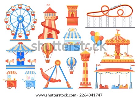 Fairground attractions. Carnival carousel and adult attraction on festival amusement park, fantasy swing rollercoaster playground wheel cartoon roundabout, vector illustration of carnival amusement Royalty-Free Stock Photo #2264041747