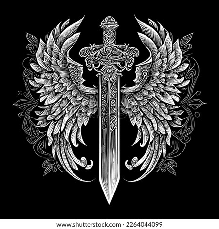 This artwork features a captivating illustration that combines the fierceness of a sword with the elegance of feathered wings, evoking a sense of power and majesty. The intricate details and stunning  Royalty-Free Stock Photo #2264044099