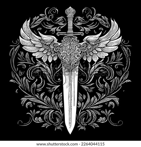 This artwork features a captivating illustration that combines the fierceness of a sword with the elegance of feathered wings, evoking a sense of power and majesty. The intricate details and stunning  Royalty-Free Stock Photo #2264044115